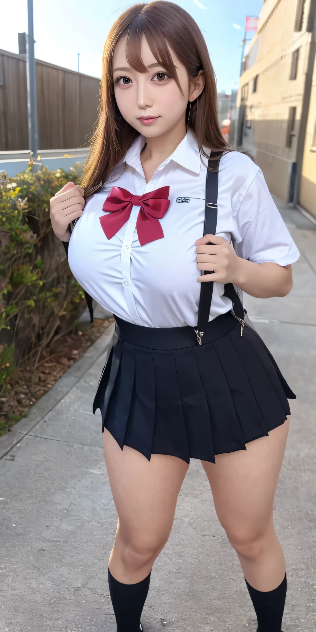 nsfw, best quality, masterpiece, ultra-detailed, 1girl, black eyes, (((huge breasts))), (((nipples))), (((((sagging breasts))))), (((hime cut))), (((blunt bangs))), (((tsurime))), (((((narrow eyes))))), outdoors, (((younger))), (pop idol),public indecency, smile, light smile, ((no bra)), ((no panties)), (((gothic lolita))), (((((maid))))), topless, solo, (((((short tie))))), mansion, garden, upper_body, (brown hair),(short hair),((((wavy hair)))),(((standing pose))),(loli),(walking),(take a pose)