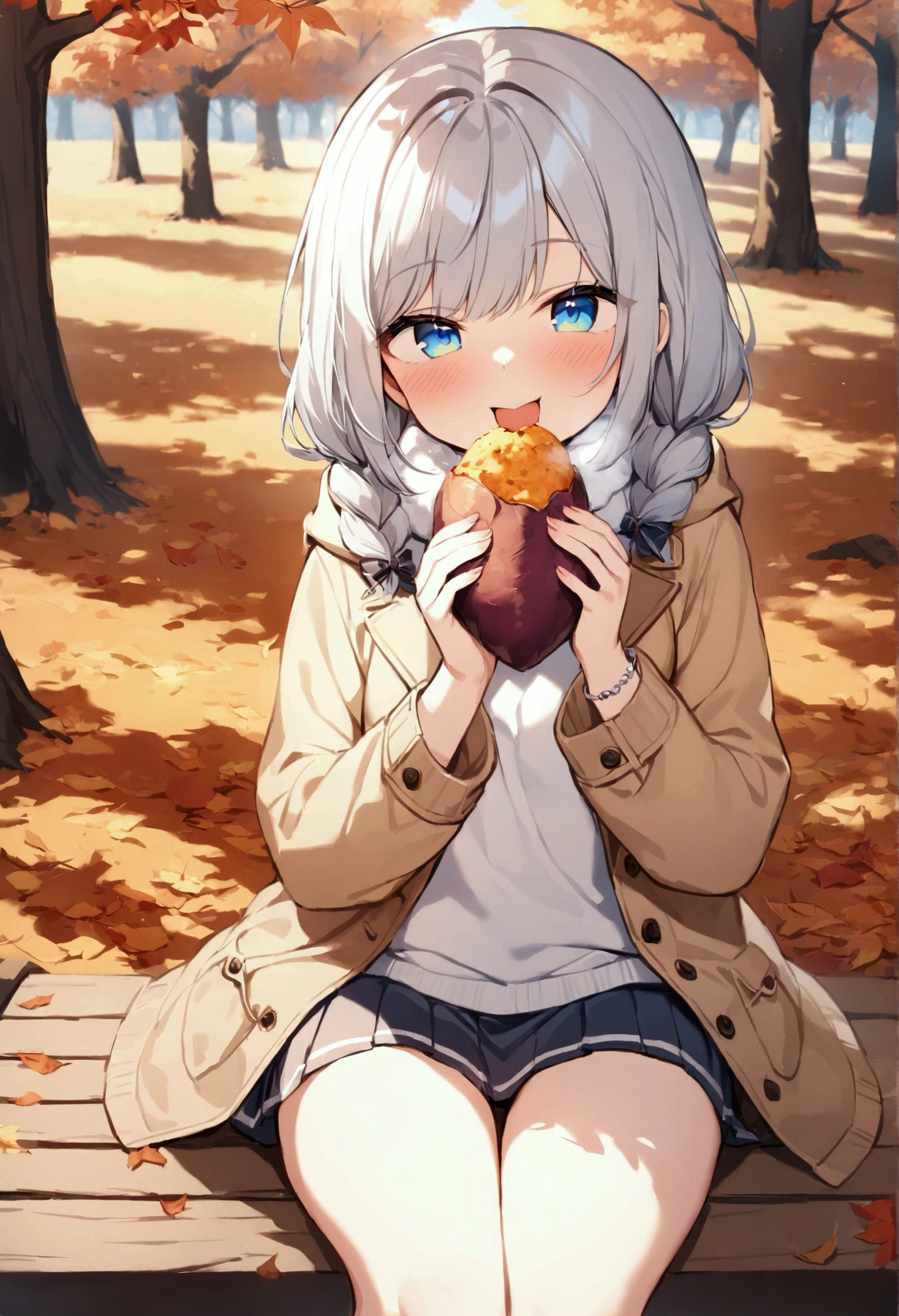 masterpiece, Best Quality, Super detailed),(One girl), blue eyes, Eat with your mouth open, twin tale hairstyle, wearing a casual coat, muffler,  Sitting on a bench, Natural Light, (Color Top:1.2|White Top), (mini skirt:1.2|High Knee Socks:0.9), (Silver Bracelet:1.2|jewelry), (Natural background:0.8| Autumn park), (smile:0.8| Eating a baked sweet potato in its wrapper), （Half-eaten roasted sweet potato）, Many fallen leaves:0.8