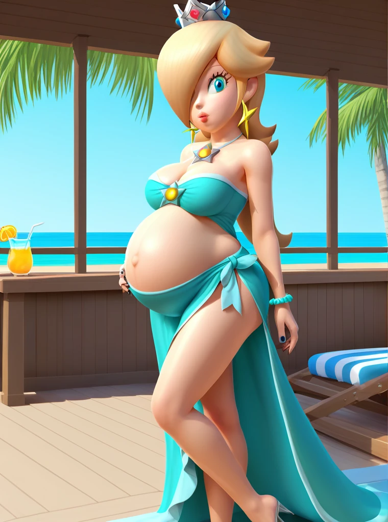 score_9, score_8_up, 1girl, solo, rosalina, style parody, thick outlines, dress, bikini, pregnant belly, big belly, sleeveless, strapless, cleavage, indoors, beach, black nails, complete body, perfect, blue nails, Big breasts, large Belly,