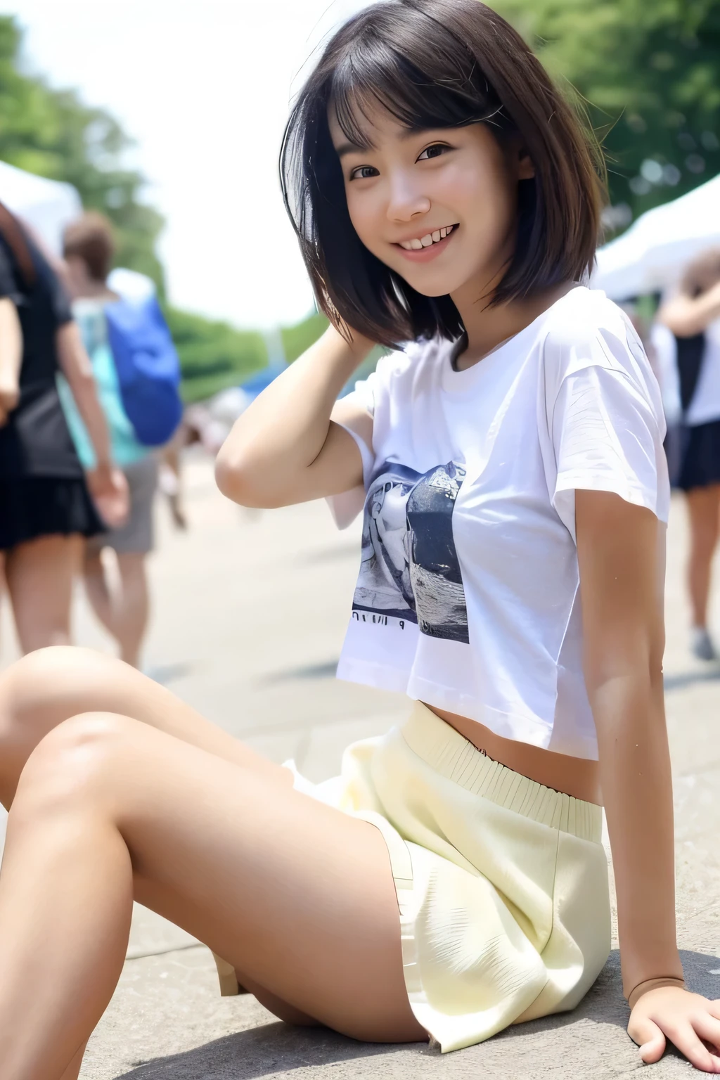 Messy black short hair　Cute girl　21 years old　Six-pack　Muscularな腕　Sunburn mark　wild　T-Shirts　jeans　Mountain background　Muscular　Sturdy　Annoying pose　Lying down　Full Body Image　No makeup