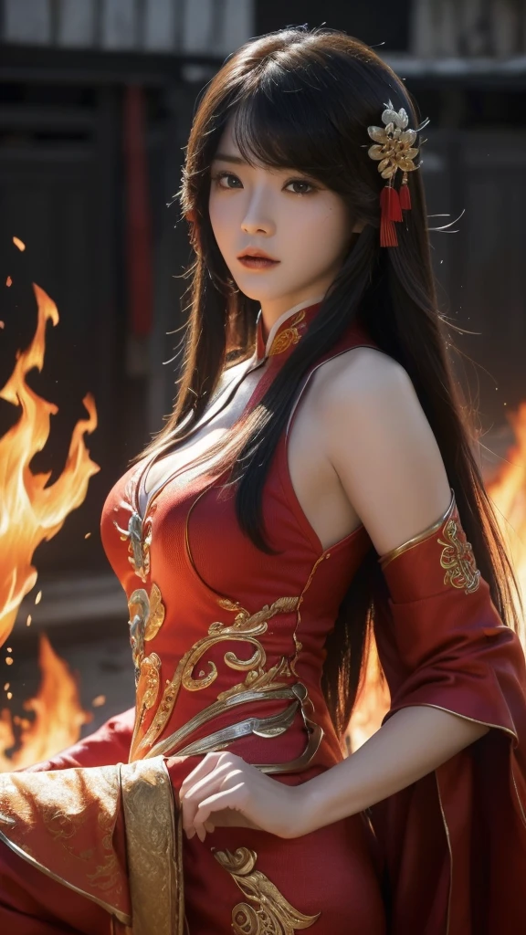 （masterpiece:1.3),(best quality:1.4),(actual:1a.4）,Jiangnan,Township,Densely populated,On the road,Chinese comics,Fantasy,Perfect World Character-Huo Linger,Long hair with bangs,flaming red hanfu,high detail, Ultra HD, In the ancient market