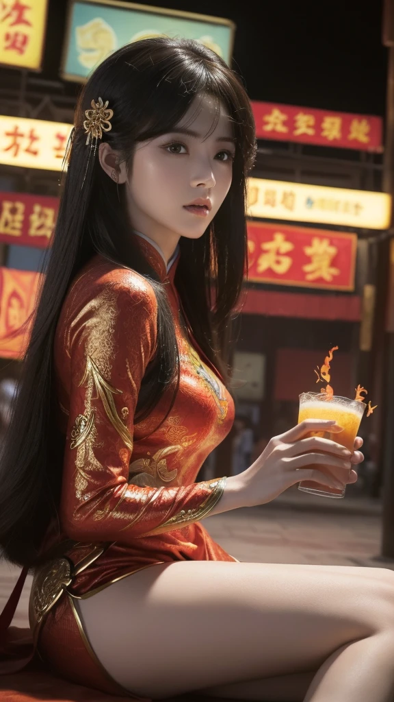 （masterpiece:1.3),(best quality:1.4),(actual:1a.4）,Jiangnan,Township,Densely populated,On the road,Chinese comics,Fantasy,Perfect World Character-Huo Linger,Long hair with bangs,flaming red hanfu,high detail, Ultra HD, In the ancient market