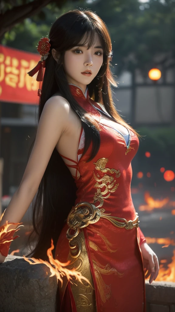 （masterpiece:1.3),(best quality:1.4),(actual:1a.4）,Jiangnan,Township,Densely populated,On the road,Chinese comics,Fantasy,Perfect World Character-Huo Linger,Long hair with bangs,flaming red hanfu,high detail, Ultra HD, In the ancient market