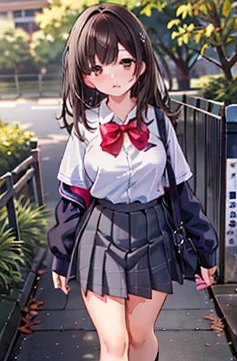 Ogiwara-san is sad, One girl, Alone, School Uniform, Long sleeve, Skirt Grey, , (Absurd), (High resolution), Watching the audience, Walk in the park, (Highly detailed CG Unity 8k wallpaper,masterpiece, Best Quality, Super detailed), nude,Large Breasts、