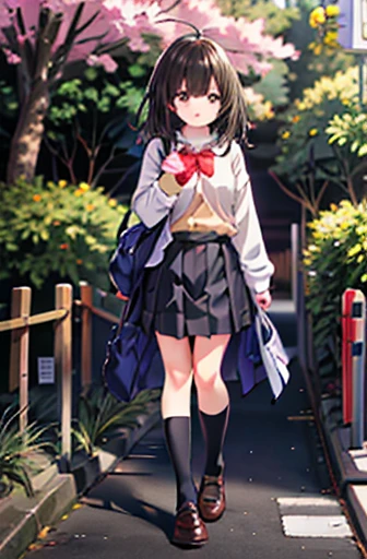 Ogiwara-san is sad, One girl, Alone, School Uniform, Long sleeve, Skirt Grey, , (Absurd), (High resolution), Watching the audience, Walk in the park, (Highly detailed CG Unity 8k wallpaper,masterpiece, Best Quality, Super detailed), nude,Large Breasts、