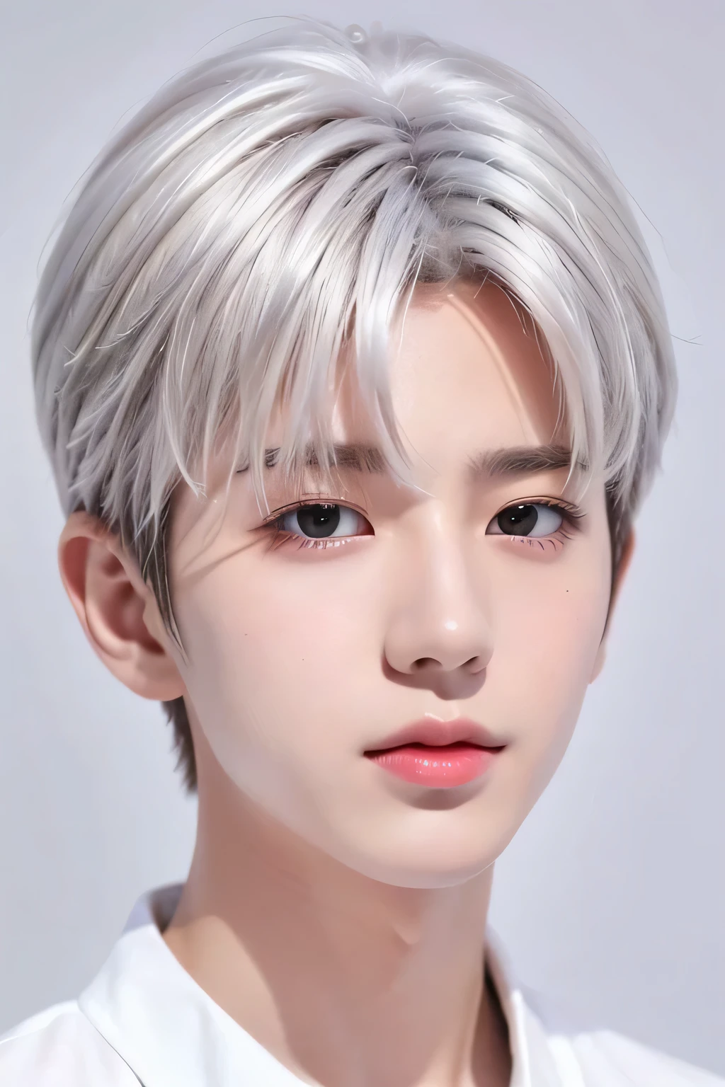 1 male、8Ｋ、Best Quality、masterpiece、(head shot)、(White simple background)、、Short Hair、White Hair、(Realistic skin texture:1.1)、Side Shot