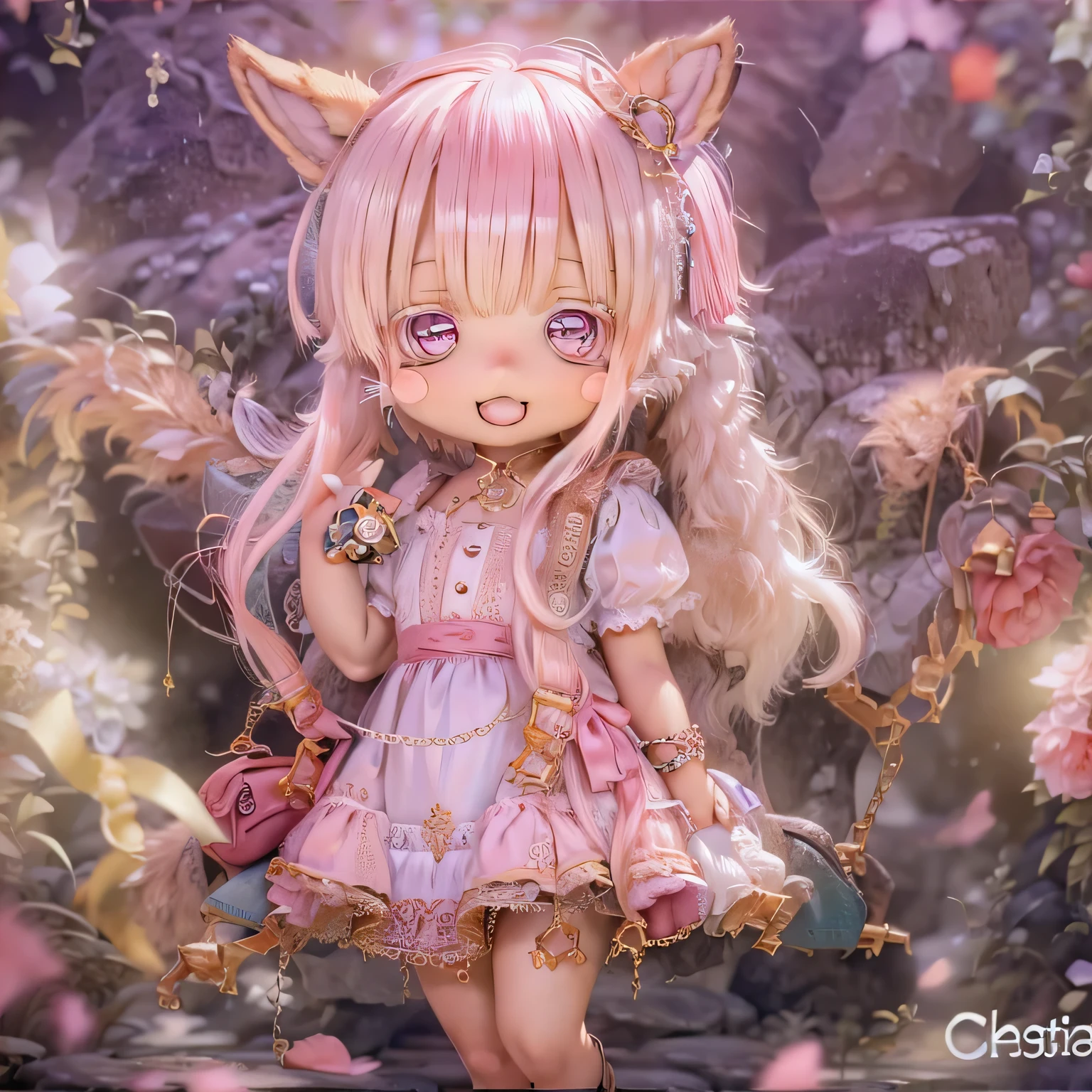 In the garden, smile, Similar to Chi from Made in Abyss. She is beautiful, Beautiful eyes and lips.  (((chibi style,))) . The image quality is excellent, Highly detailed and realistic features. The medium of this work is、Combining illustrations and photorealistic renderings.. The colors are vivid、The lighting creates a warm and bright atmosphere。 whole body(((((Cute Pink Dress)))))Contrasting cute poses