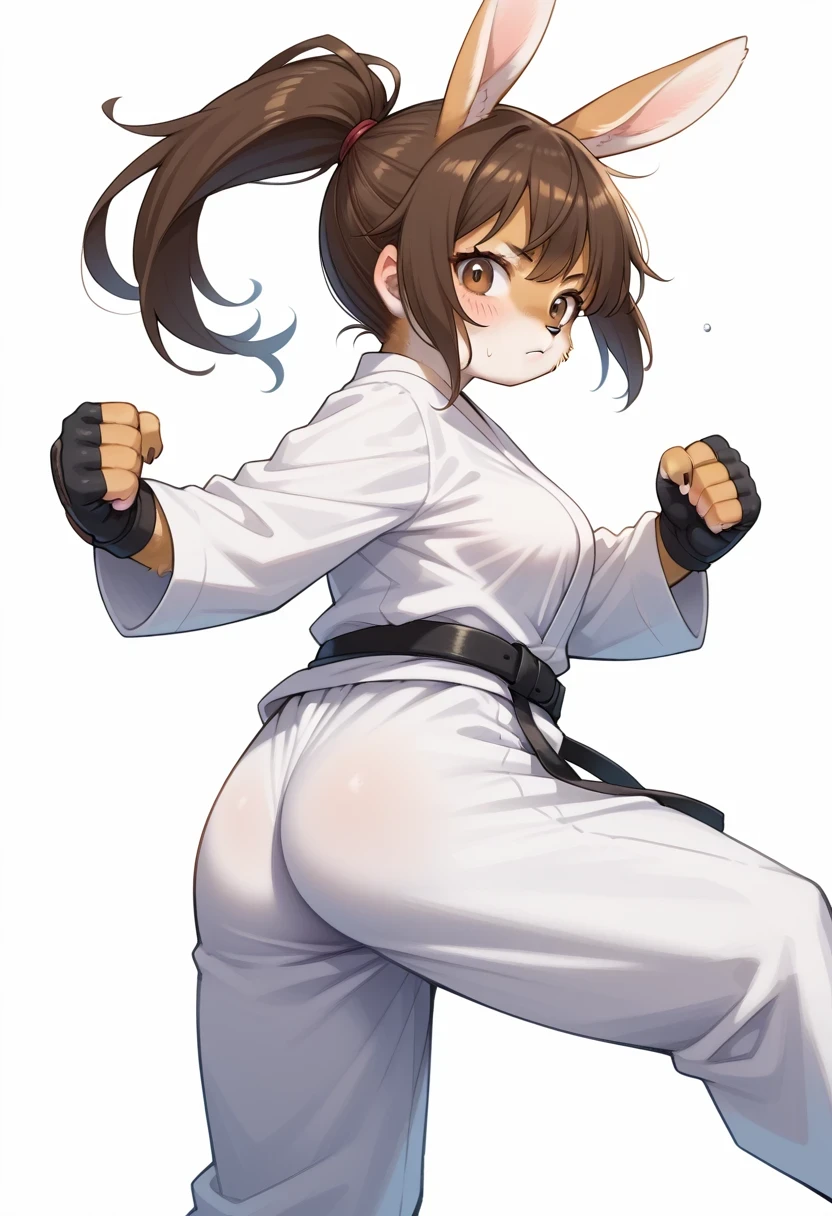 score_9, score_8_up, score_7_up, score_6_up, score_5_up, score_4_up, source_anime, best quality, amazing quality, very aesthetic, absurdres, 1girl, (furry, kemono:1.2), rabbit, axe kick, gloves, fingerless gloves, karate gi, solo, dougi, ponytail, ass, looking at viewer, long hair, brown hair, looking back, from behind, belt, pants, sweat, white background, simple background, martial arts belt, fighting stance, clenched hands, brown eyes, long sleeves, blush, black gloves, black belt, breasts, high ponytail