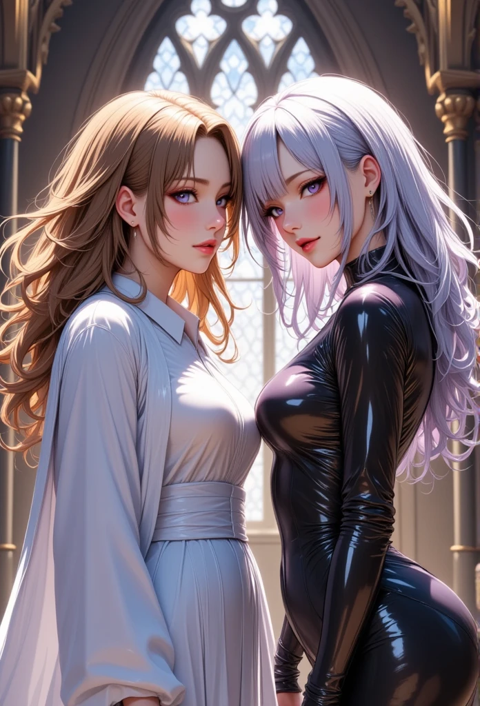 Two young, beautiful women,(Best Quality,Extremely detailed depiction,Incredibly absurd high definition,Anatomically accurate,Beautiful legs,Porcelain-like skin,High quality anime drawings:2.0),(Two people facing each other,Two people staring at each other,White Winged Angel,Bat-Winged Demon),(Angel dressed in white angel clothes,Devil in a black latex dress,Black tights),eyelash,(Angels have blonde hair and blue eyes,The demon has silver hair and crazy purple eyes.,Eyes half closed:1.5,Large Breasts,Glossy lips,Heavy makeup,Angry looking angel,Devil with an evil smile,Mouth open),(whole body),Majestic chapel,Stained Glass,Dramatic lighting,Volumetric lighting,Mysterious atmosphere,Time for the Showdown,Pre-Battle Atmosphere,The two of them are facing each other:2.0