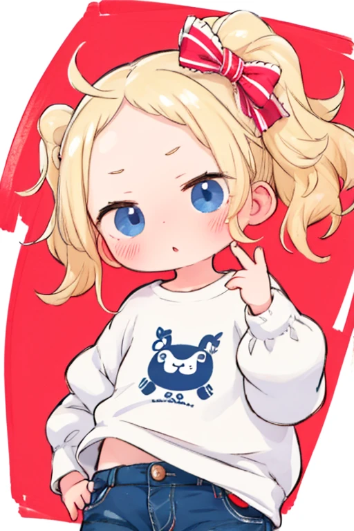 One very small cute girl，Wearing shorts, Long sleeve T-shirt with large white print，ＲBeatrice: zero，Very short，Flat Chest，Delicate face、No smiles，blonde，