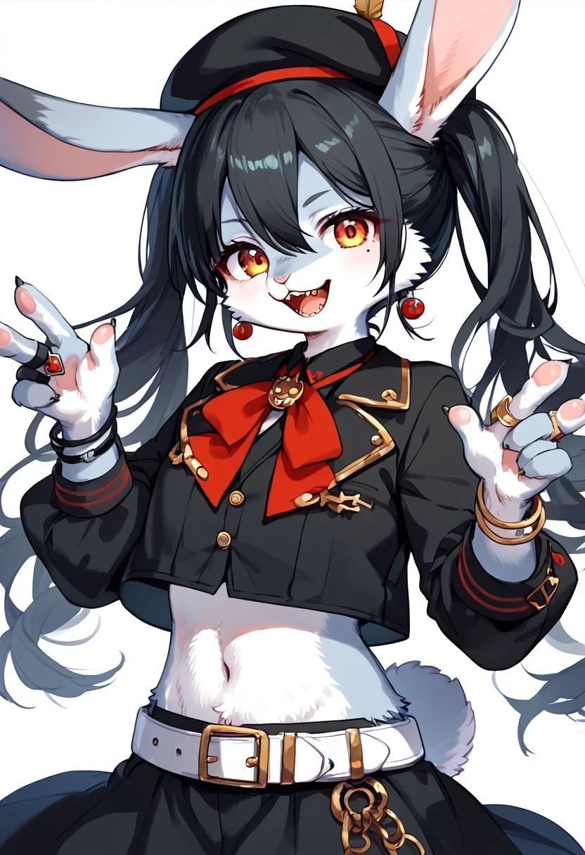 score_9, score_8_up, score_7_up, score_6_up, score_5_up, score_4_up, source_anime, best quality, amazing quality, very aesthetic, absurdres, 1 female, (furry, kemono:1.3), rabbit, solo, sharp teeth, teeth, skirt, mole under eye, black hair, jewelry, hat, mole, twintails, looking at viewer, smile, black headwear, midriff, black skirt, earrings, simple background, belt, crop top, beret, open mouth, white background, hair between eyes, long hair, :d, bracelet, feathers, see-through, long sleeves, ring, A detailed digital illustration of a woman in a black and white outfit, adorned with black and pink accents. Her hair is tied in a braid, and her eyes are adorned with white and black dots. Her outfit is adorned with a white belt with a silver buckle, and a pair of black gloves. The illustration is set against a gray and white background, with a hint of pink and purple accents.