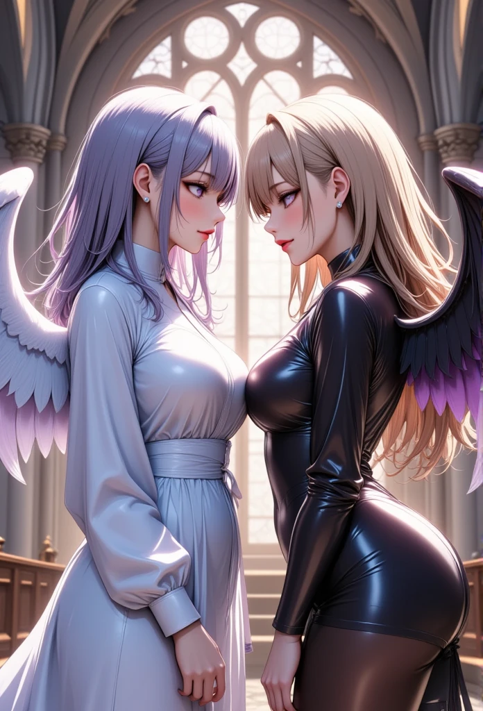 Two young, beautiful women,(Best Quality,Extremely detailed depiction,Incredibly absurd high definition,Anatomically accurate,Beautiful legs,Porcelain-like skin,High quality anime drawings:2.0),(Two people facing each other,Two people staring at each other,White Winged Angel,Bat-Winged Demon),(Angel dressed in white angel clothes,Devil in a black latex dress,Black tights),eyelash,(Angels have blonde hair and blue eyes,The demon has silver hair and crazy purple eyes.,Eyes half closed:1.5,Large Breasts,Glossy lips,Heavy makeup,Angry looking angel,Devil with an evil smile,Mouth open),(whole body),Majestic chapel,Stained Glass,Dramatic lighting,Volumetric lighting,Mysterious atmosphere,Time for the Showdown,Pre-Battle Atmosphere,The two of them are facing each other,They are both looking at each other:2.0