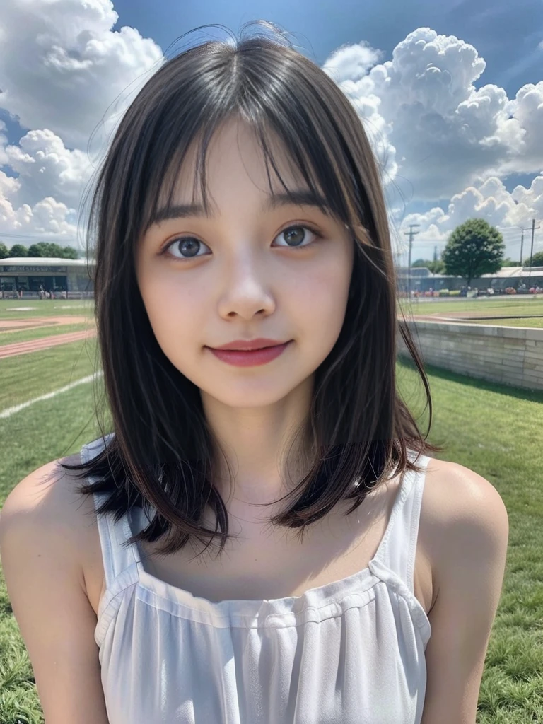 (masterpiece, highest quality:1.4), Award-winning portraits, 8K, 85mm, alone, Beautiful Face, Delicate girl, grace, Sophisticated, cute, Teen, Watching the audience, 15 years old, Raw photo, Disorganized, HDR, Sharp focus, A bow tie, Background bokeh、(((Flat 、A slim and delicate body、A youthful atmosphere)))、Her shiny, medium-long hair is tied up.、Hair swaying in the wind、Mole on the left cheek、Large, round, dark brown eyes、Full Body、Random pose、Run、Sprinting、Junior idol、Nogizaka Idol、Jump、Mole under the eye、sexy、On the grass in an empty park