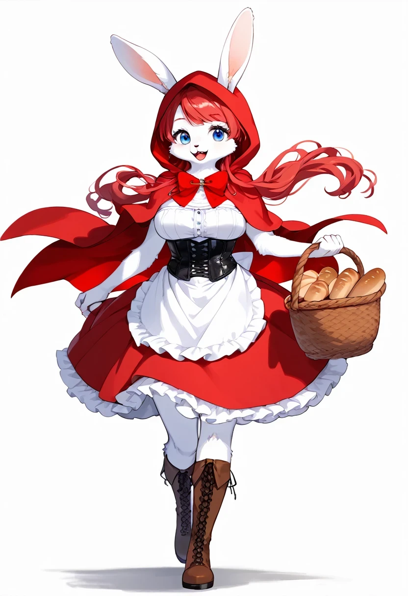 score_9, score_8_up, score_7_up, score_6_up, score_5_up, score_4_up, source_anime, best quality, amazing quality, very aesthetic, absurdres, 1 female, (furry, kemono:1.3), rabbit, solo, blue eyes, boots, basket, white background, smile, hood, open mouth, red hair, skirt, apron, cosplay, full body, little red riding hood (grimm) (cosplay), food, brown footwear, simple background, corset, capelet, hooded capelet, walking, bread, red skirt, holding basket, bow, :d, looking at viewer, frills, white apron, waist apron, breasts, holding, cross-laced footwear, frilled skirt, long hair, A detailed digital illustration of a young woman in a red and white dress, with a basket in her hand, stands in a stark white background. The woman's gaze is focused, and her outfit is adorned with a red scarf and boots.