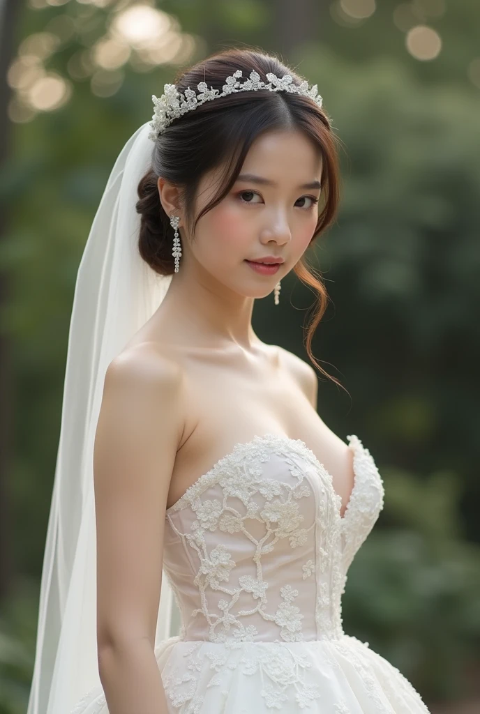 Korean girl is taking off her wedding dress in front of the guests, then her huge boobs is out of dress, and showing nipples. And she squeeze boobs together by her selves, photorealistic, pornographic,