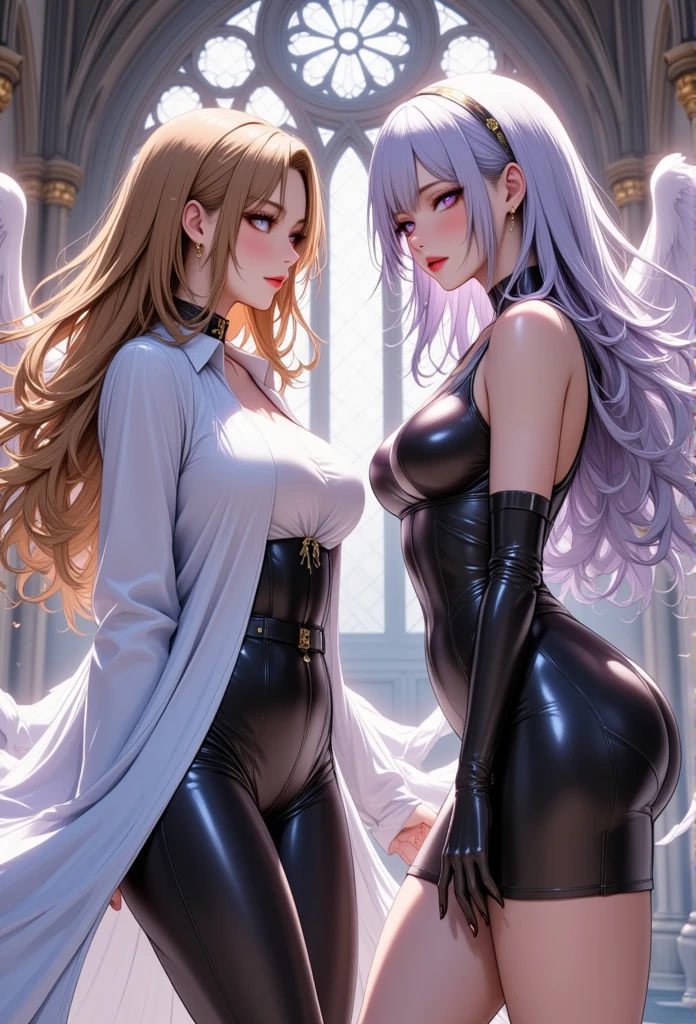 Two young, beautiful women,(Best Quality,Extremely detailed depiction,Incredibly absurd high definition,Anatomically accurate,Beautiful legs,Porcelain-like skin,High quality anime drawings:2.0),(Two people facing each other,Two people staring at each other,White Winged Angel:2.0,Bat-Winged Demon:2.0),(Angel dressed in white angel clothes,Devil in a black latex dress,Black tights),eyelash,(Angels have blonde hair and blue eyes,The demon has silver hair and crazy purple eyes.,Eyes half closed:1.5,Large Breasts,Glossy lips,Heavy makeup,Angry looking angel,Devil with an evil smile,Mouth open),(whole body),Majestic chapel,Stained Glass,Dramatic lighting,Volumetric lighting,Mysterious atmosphere,Time for the Showdown,Pre-Battle Atmosphere,The two of them are facing each other,They are both looking at each other:2.0