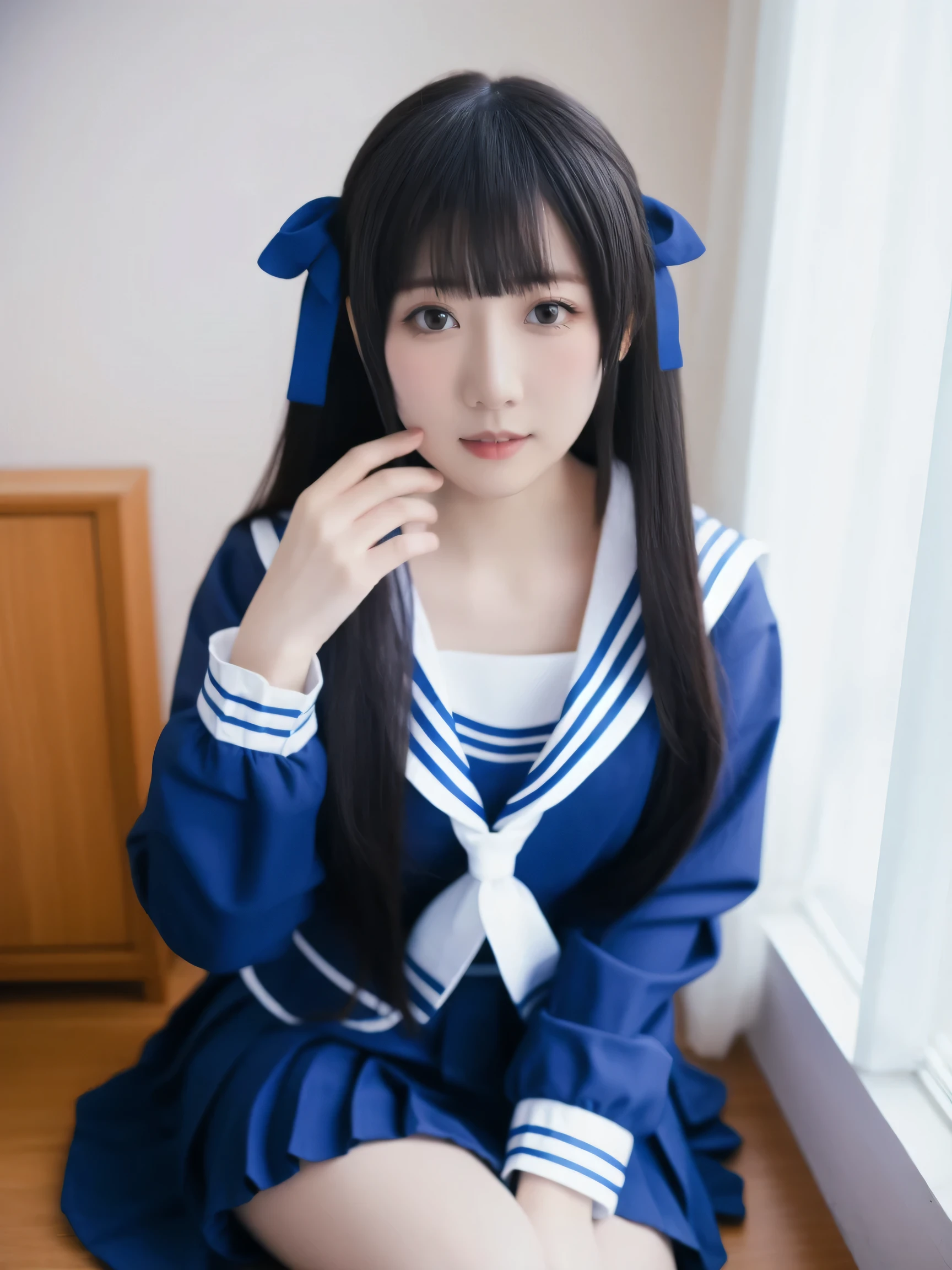 Super detailed,Very detailed,Best Quality,masterpiece,figure,
Honda Toru, One girl, alone, Cosplay, School Uniform, 
blue hair ribbon,Blue Sailor Suit, Long sleeve, Pleated skirt,White sailor collar, 
Long Hair, Side Lock, 
Photo Background, indoor, Watching the audience, Upper Body, Super small breasts，Flat chest，Completely flat chest，no breasts，Very thin，black hair，Straight Hair，In a super cute bedroom
 