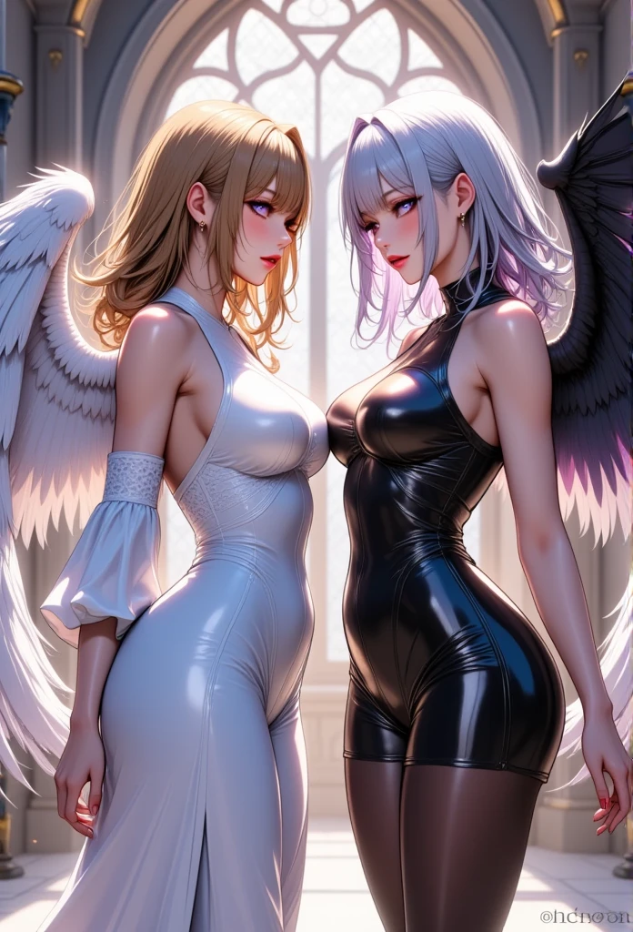 Two young, beautiful women,(Best Quality,Extremely detailed depiction,Incredibly absurd high definition,Anatomically accurate,Beautiful legs,Porcelain-like skin,High quality anime drawings:2.0),(Two people facing each other,Two people staring at each other,White Winged Angel:2.0,Bat-Winged Demon:2.0),(Angel dressed in white angel clothes,Devil in a black latex dress,Black tights),eyelash,(Angels have blonde hair and blue eyes,The demon has silver hair and crazy purple eyes.,Eyes half closed:1.5,Large Breasts,Glossy lips,Heavy makeup,Angry looking angel,Devil with an evil smile,Mouth open),(whole body),Majestic chapel,Stained Glass,Dramatic lighting,Volumetric lighting,Mysterious atmosphere,Time for the Showdown,Pre-Battle Atmosphere,The two of them are facing each other,They are both looking at each other:2.0