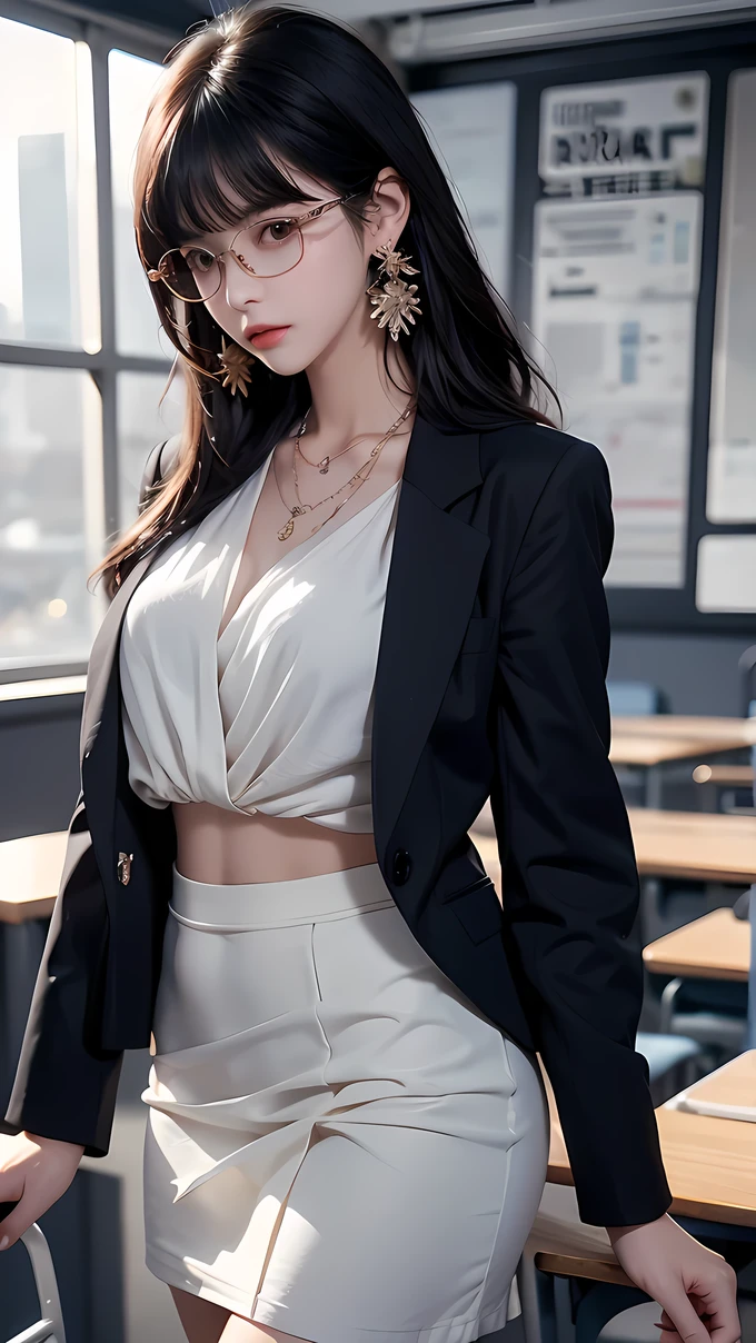 black hair, bangs, hair behind ear, very long hair, jewelry, earrings, masterpiece, textured skin, high details, best quality, woman, high school teacher, wearing a jacket, dark blue suit, white blouse, tight skirt, mature woman, good figure, standing alone in the classroom, in class, eyeglass