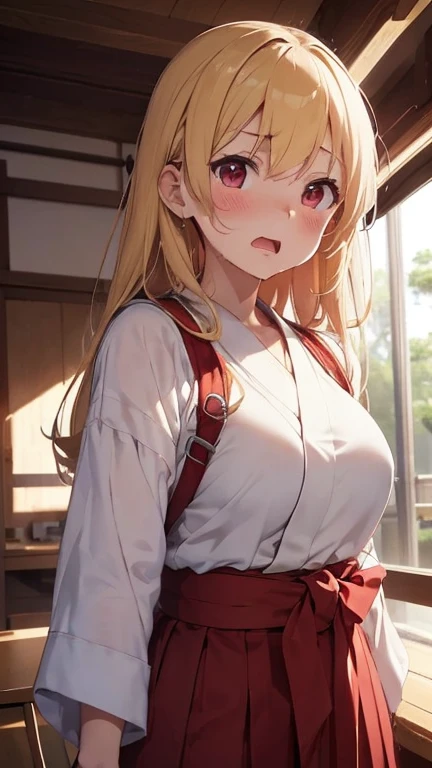mastute piece,Best Quality,insanely detailed,8k cg,nsfw,
shoot upper body,(body in front:1.1),1girl,standing,looking at viewer,(pink samurai costume,hakama,katana),BREAK,blush,shy,ecstasy face,gasping,(trembling:1.2),yellow hair,break,open mouth,large breast,japanese old townscape,