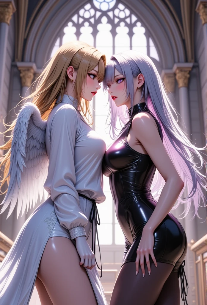 Two young, beautiful women,(Best Quality,Extremely detailed depiction,Incredibly absurd high definition,Anatomically accurate,Beautiful legs,Porcelain-like skin,High quality anime drawings:2.0),(Two people facing each other,Two people staring at each other,White Winged Angel:2.0,Bat-Winged Demon:2.0),(Angel dressed in white angel clothes,Devil in a black latex dress,Black tights),eyelash,(Angels have blonde hair and blue eyes,The demon has silver hair and crazy purple eyes.,Eyes half closed:1.5,Large Breasts,Glossy lips,Heavy makeup,Angry looking angel,Devil with an evil smile,Mouth open),(whole body),Majestic chapel,Stained Glass,Dramatic lighting,Volumetric lighting,Mysterious atmosphere,Time for the Showdown,Pre-Battle Atmosphere,The two of them are facing each other,They are both looking at each other:2.0