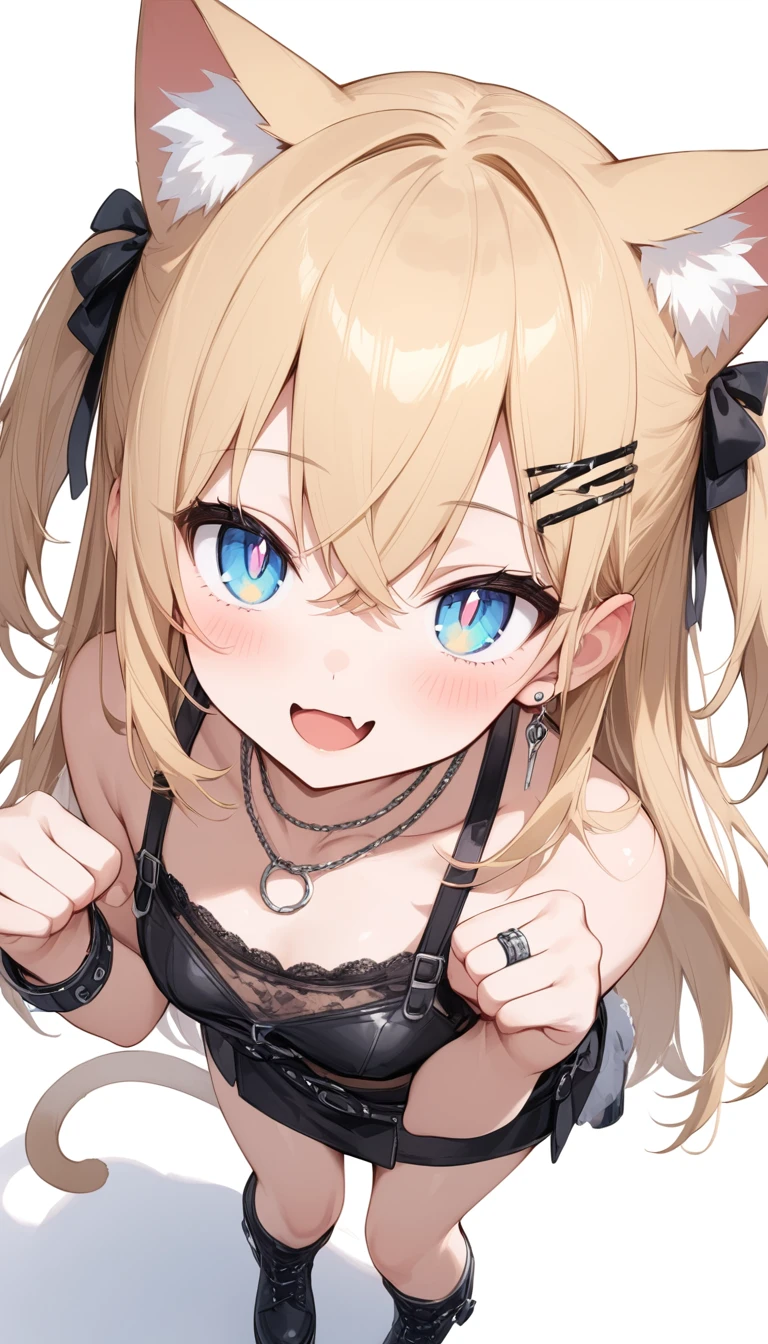 One Girl、blush、naughty face、Face focus、Both sides up, View from above, paw pose、Teenage Girl、(slit pupils), (blue eyes), (Beautiful detailed eyes: 1.6)、、Open your mouth、skin fang、then,Golden Hair，Long Hair、two side up、Crossed bangs, between hair、Cat ears and tail、Earrings、Hair Clip、necklace、ring、Punk rock clothes ,mini skirt,Knee-length, masterpiece、Best Quality、High resolution、、Very detailed、Translucent white skin、Simple white background,Great graphics、