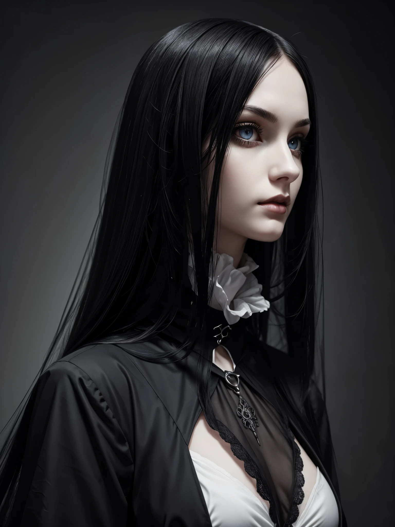 (best quality), 1girl, female, pale skin, (black hair), long hair, straight hair, grey eyes, perfect eyes, (gothic clothes), stylish, elegant, serious, normal bust, masterpiece, anatomically correct, highres
#