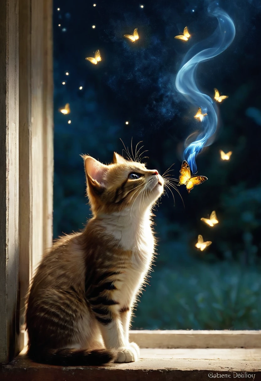 A kitten bathed in moonlight stares at a glowing firefly butterfly, Side view, He looks up, ((Magical smoke and fireflies surround him, glowing like magic)) 
Little butterflies flutter around him, In the window of a village house, Magical Night, Whimsical, Dreamy, wonderful, Perfect Anatomy, Perfect composition, 
((Golden Ratio)) Art Musifer, Gabriele Dellotto, AI Mid-Journey Model