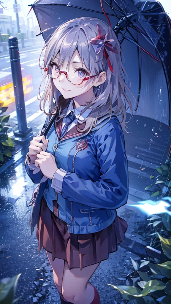 Silver-haired schoolgirl, ((Yuki Izumi)), Happy expression, On the way home from school, Red glasses, Detailed portrait, Beautiful detailed eyes, Beautiful and detailed lips, Highly detailed eyes and face, Long eyelashes, Tight uniform, smile, walk, Realistic, 8k, High image quality, masterpiece, Vibrant colors, Natural Light, Cinematic composition,((Heaven Burns Red))Short skirt、Black knee-high socks、Hold an umbrella in the rain