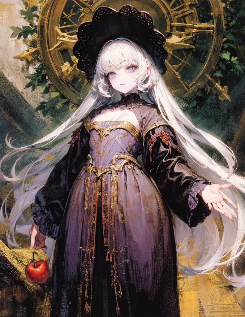 (Best lighting) (best quality, masterpiece:1.2), (absurdres), 4k, (detailed eyes), (detailed face), ethereal and alluring woman wearing medieval armour and bodysuit with short white hair, ((pale white skin)) and ((purple eyes)). Large bat wings. She's standing in front of an old (gothic castle) and (surrounded by red apple fruit trees). Dark, moody, ((gothic)), ((dark fantasy)), ((medieval)).