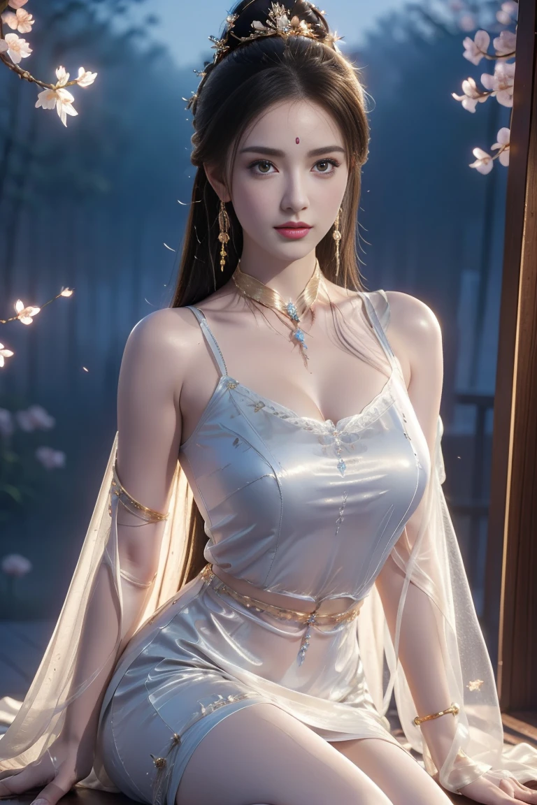 Immortal goddess, super beautiful, 8k, super big breasts, meditating, light white cloth covering part of her body, sitting cross-legged, golden glowing magic circle rotating behind her, magical aura surrounding her parts, magical, fantasy, milky way background, (4 elements, fire, water, wind, earth, surround it),
