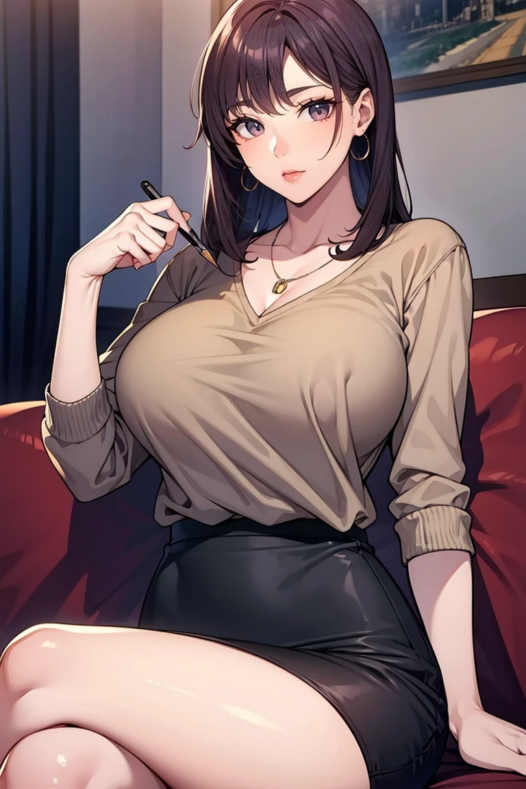 best quality, (masterpiece:1.2), highly detailed, indoors, sitting, on couch,
1girl, solo, gotou airi, one mole under eye,
looking at the viewer, large breasts, seductive face , mature female,
brown eyes, brown hair, long hair, necklace, earrings, purple shirt, pencil skirt, collarbone, crossed legs