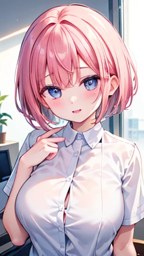 small , pink dress, blue eyes, cat ears, short hair
