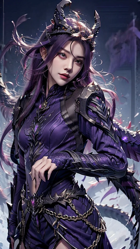 [fair, grace, slight, , long flowing hair(Purple), face shape ([cold) ,Sexy (Small Mouth), Dragon Horn (Purple),, Wearing dragon suit ( Purple), 