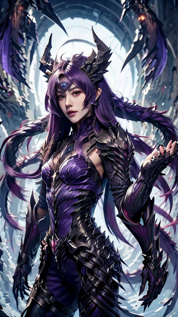 [fair, grace, slight, , long flowing hair(Purple), face shape ([cold) ,Sexy (Small Mouth), Dragon Horn (Purple),, Wearing dragon suit ( Purple), 