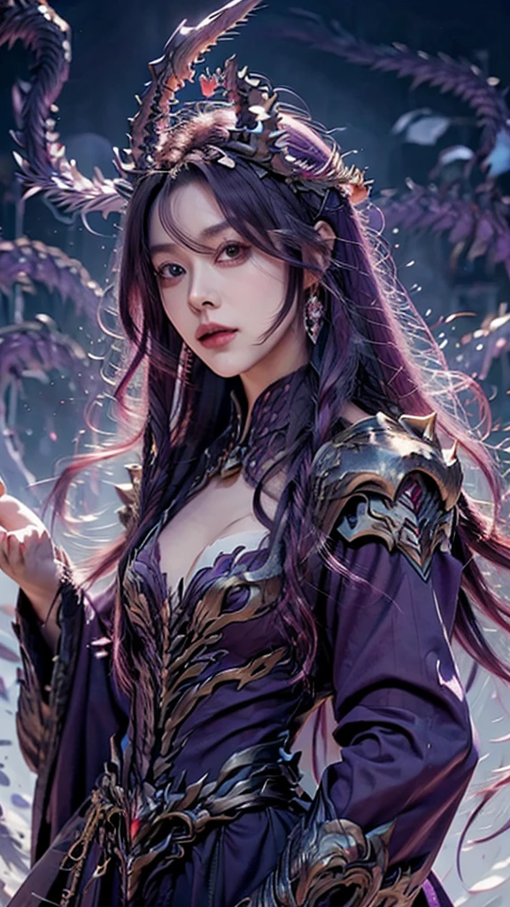 [fair, grace, slight, , long flowing hair(Purple), face shape ([cold) ,Sexy (Small Mouth), Dragon Horn (Purple),, Wearing dragon suit ( Purple), 