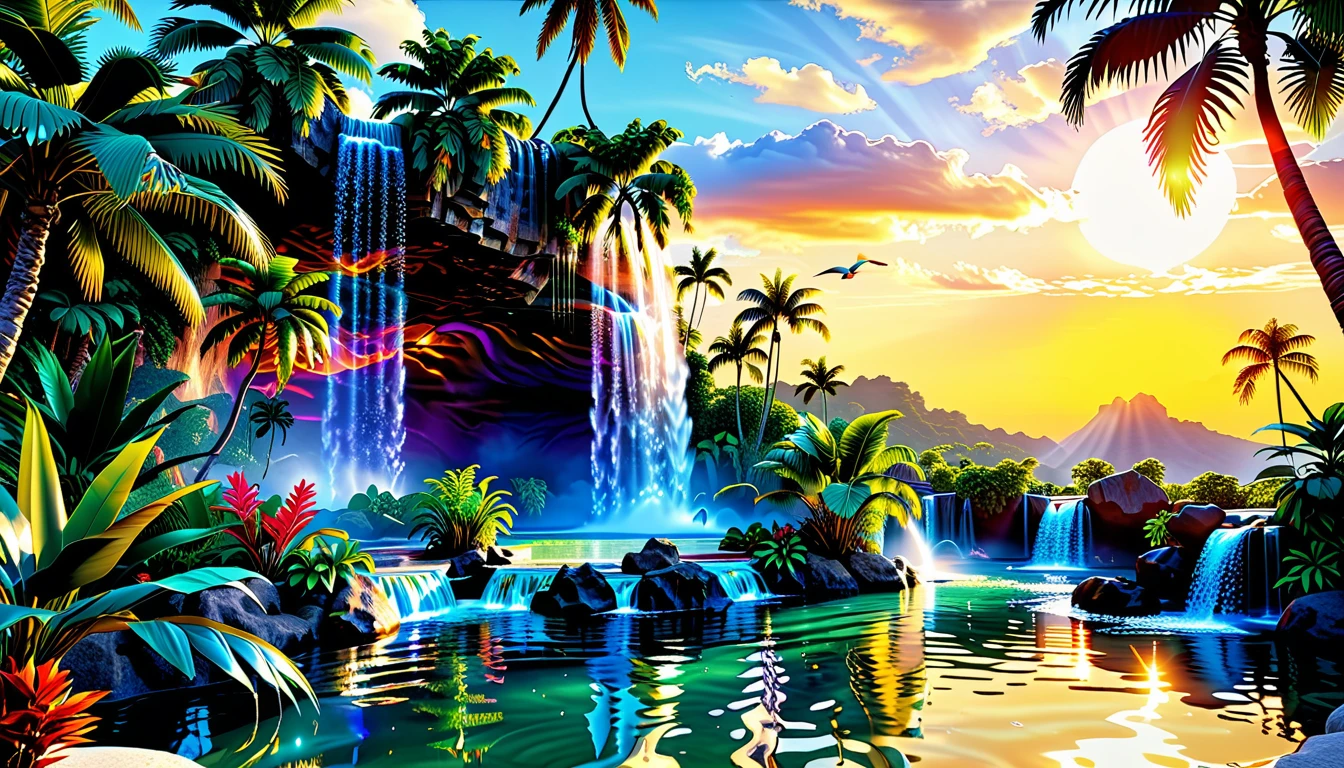 Tropical Paradise Oasis (32K Ultra-Resolution): A 32K Ultra-Resolution Masterpiece, Supreme Detail, Official Art, Lush, And Vibrant. A Hidden Oasis, Shimmering With Crystal-Clear Waters Surrounded By Exotic Flora. Palm Trees Sway Gently In The Breeze, While A Massive Waterfall Cascades Into The Tranquil Pool Below. Distant Birds Soar Across The Brilliant Sun-Kissed Horizon, Filling The Tropical Paradise With Life And Motion.