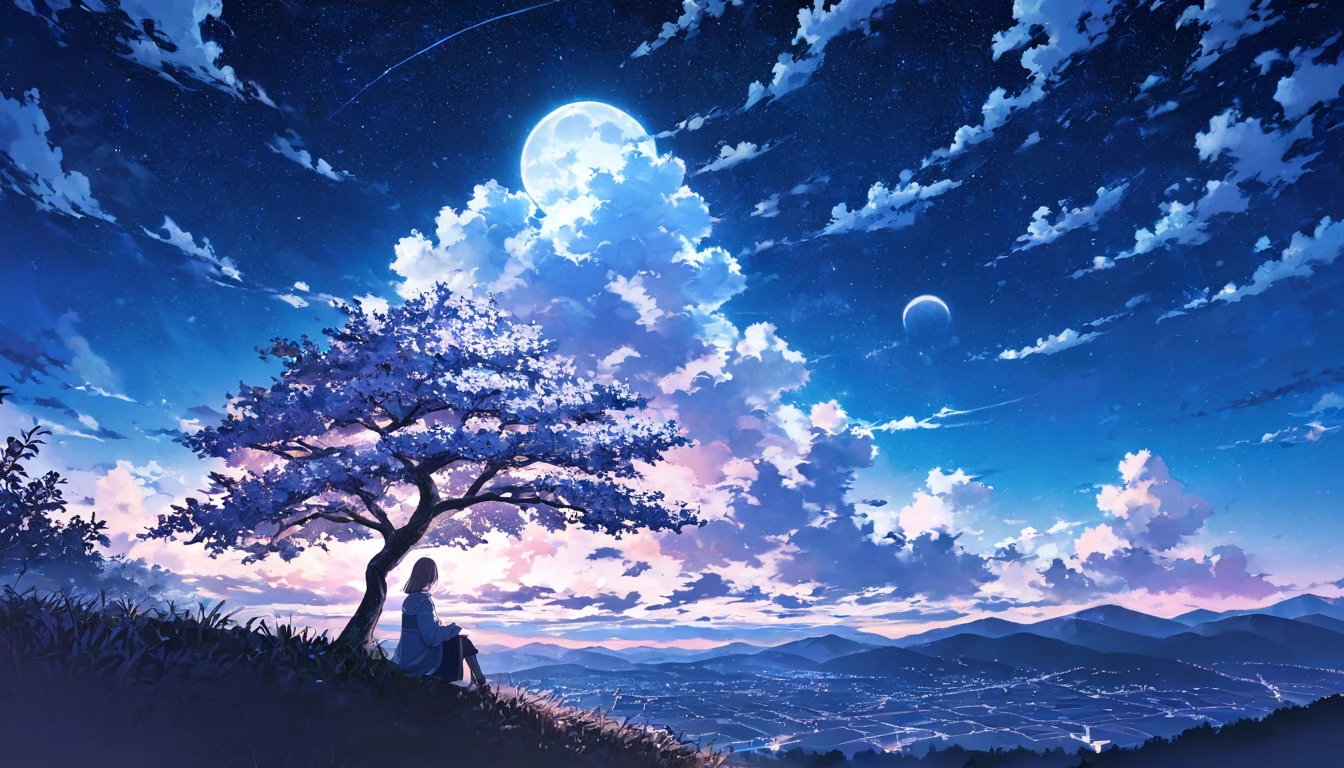 One Woman,pastel,Woman sitting,One cherry tree,Under the cherry tree,Cherry tree on the mountaintop,Under the night sky,Light shines in,Glowing white clouds,Light clouds,Many Stars,Strong moonlight,View from afar,A touching scene,Strong contrast