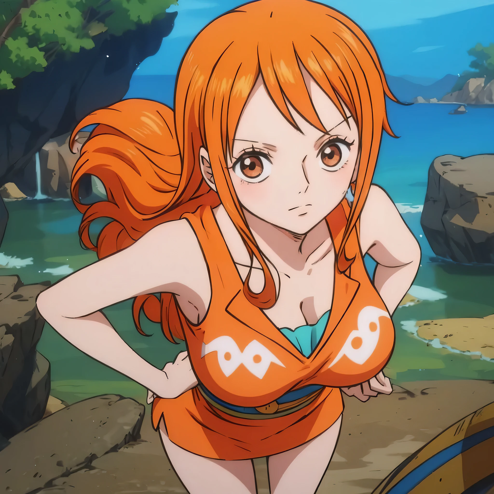 A digital illustration of nami from one piece with long, flowing orange hair, wearing a stylish outfit bikini, with a determined expression on her face. The background is a soft, muted green, with a few orange fruits floating around her, adding a touch of whimsy and color. The overall effect is one of cool confidence and a touch of the edgy. [A stylish and modern illustration, reminiscent of "Anime" and "Manga" aesthetics, with a touch of "Streetwear" style.] [Soft, muted green background, focus on details and a sense of movement, a cool and confident expression.]