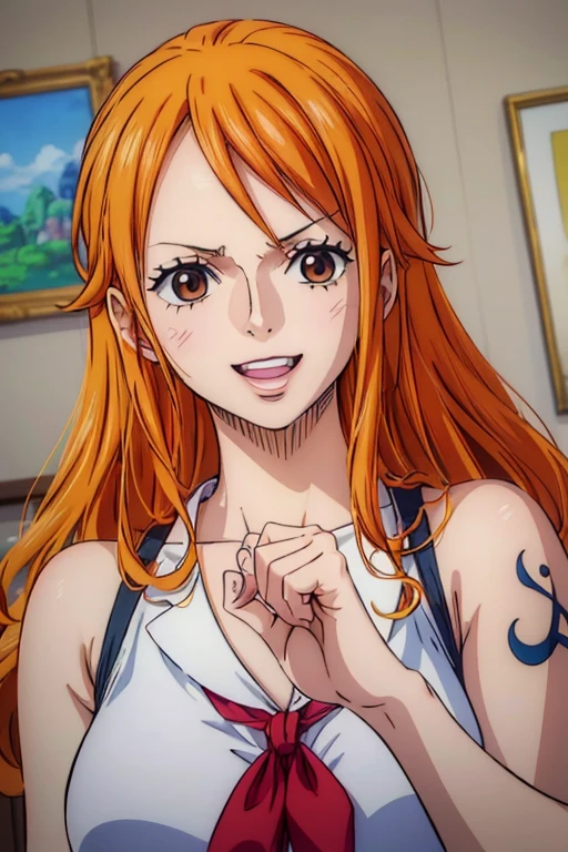  (Best Quality, 4K, 8k, High resolution, masterpiece:1.2), Super detailed, (Realistic, photoRealistic, photo-Realistic:1.37) ,Generate a realistic anime style of Nami from One Piece,Must be made in an anime style,A girl with very pale orange-yellow hair,Beautiful brown eyes,basketball,Uniform,Beautiful Hair ,アートスタイルはCharmingなアニメスタイルに似ている. rendering. To enhance the visual effect, Add HDR, 超High resolution, Studio Lighting, Ultra-fine painting, Sharp focus, 物理ベースrendering, Very detailed explanation, professional, Vibrant colors, ボケはなく安定拡散professionalンプトを、Please enter as is, Do not use prefixes or punctuation marks,Her hair is bright orange、Nami tattoo on left shoulder、(((Best Quality))), ((Super detailed)),((masterpiece:1.5)), Detailed Photos, smile, sexy, (Best Quality: 1.4), (One Girl), Beautiful Face, (Orange Hair, Long Hair: 1.2), Beautiful Hairstyle, Beautiful details in the eyes, (Realisticな肌), Beautiful Skin, Beautiful lipstick,Beautiful Lips,Absurd, Charming, 超High resolution, High image quality, (Sexually excited:1.5),Perfect fingers,Perfect limbs,Perfect Fingers