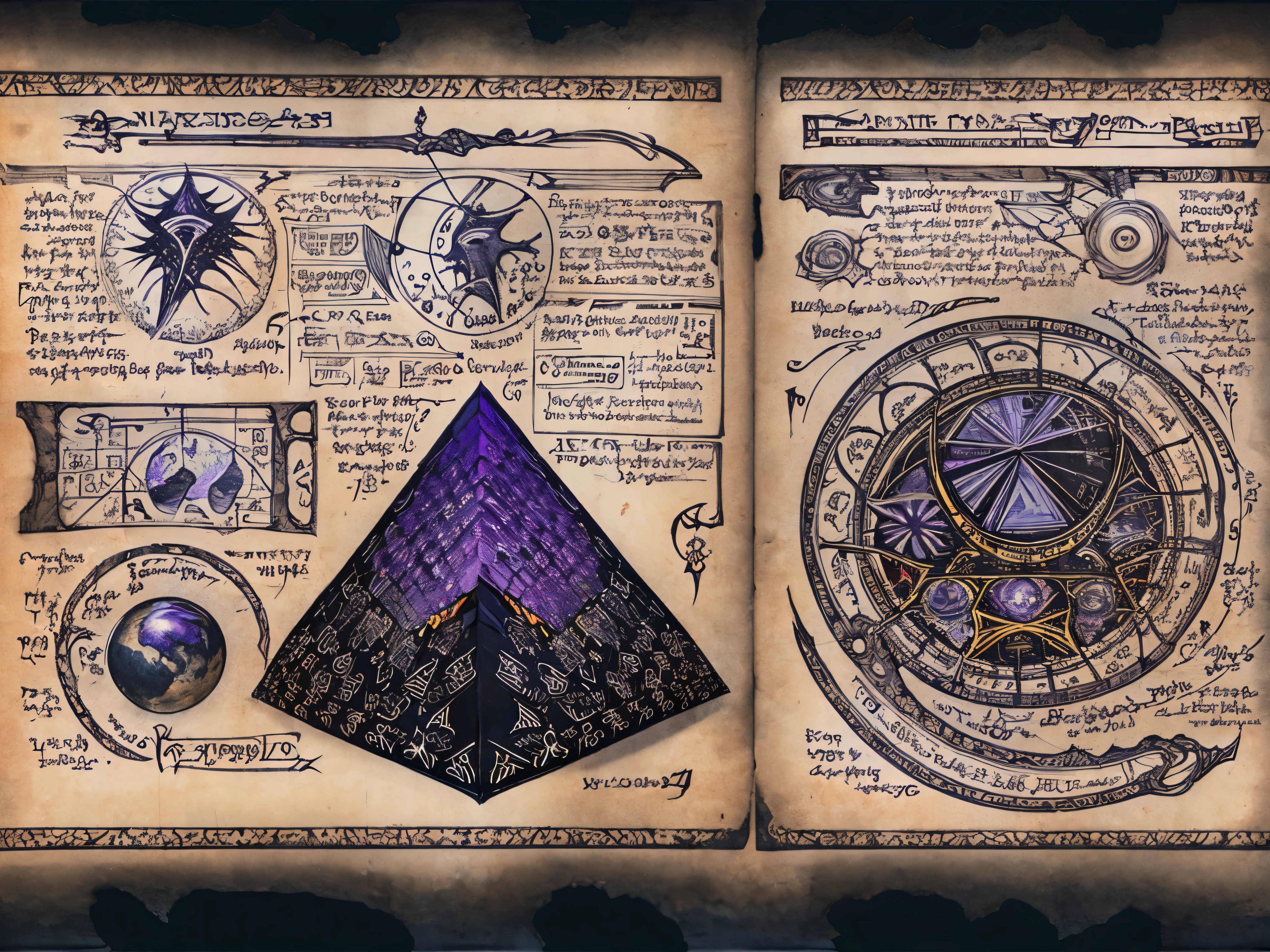 masterpiece, best quality, ((black page, purple ink)), Necronomicon Sketch, hexagons, charts, graphs
