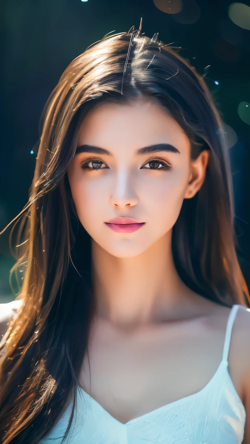 masterpiece, Amazing girl, cute girl, Break, High detail eyes, Perfect eyes, portrait, High detail face, Same eyes, glare, Rainbow Colors, Global Illumination, Soft Light, light of dreams, number, 8k Close-up, fantasy, Night Sky, Star, nebula, White crystal, moonlight, peaceful, summer, (8k:1.1)