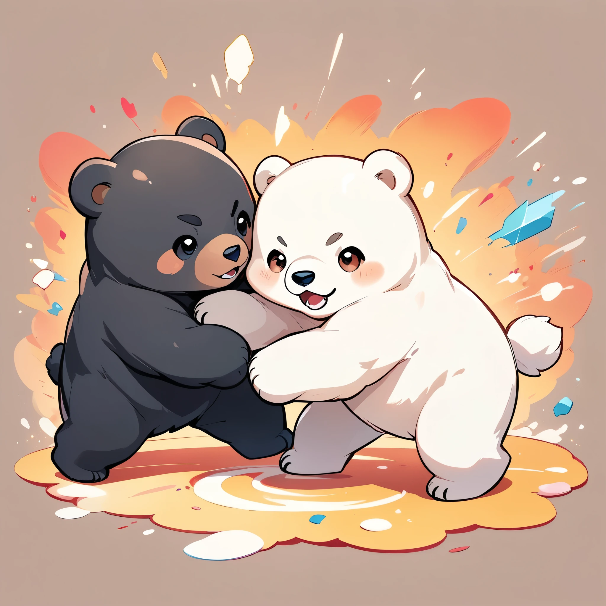 A polar bear and a black bear fighting、デフォルメIllustration、Deformed Character、Chibi cute、Illustration、Two grappling bears、Bear Fight、Cute fight、Fight effect、Fancy Art。