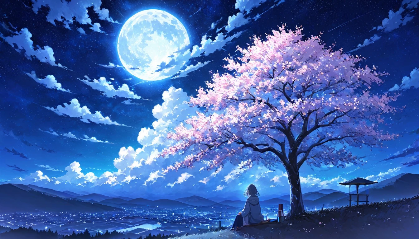 One Woman,pastel,Woman sitting,One cherry tree,Under the cherry tree,Cherry tree on the mountaintop,Under the night sky,Light shines in,Glowing white clouds,Light clouds,Many Stars,Strong moonlight,View from afar,A touching scene,Strong contrast