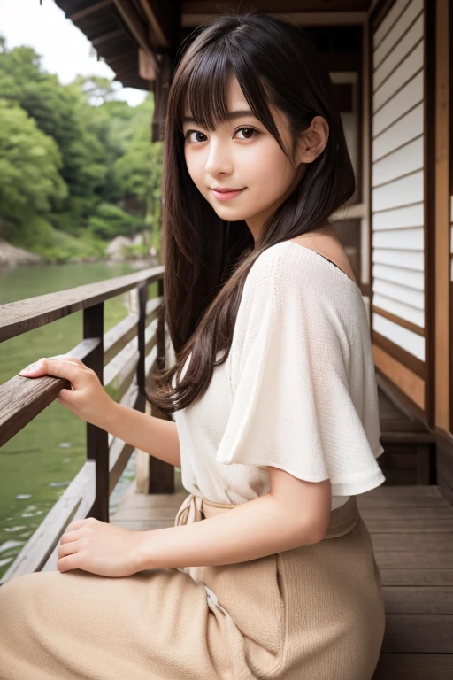 8K RAW photo、High resolution、18 year old Japanese、beautiful eyes、depicted in detail、long eyelashes、beautiful double eyelids、eyeliner、narrow eyes、elongated eye shape、Sansakumaru&#39;Legally thin and beautiful thighs、Random long hair、lazy smile、girly style costume mini skirt、we&#39;go on a boat together