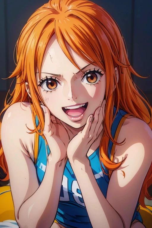  (Best Quality, 4K, 8k, High resolution, masterpiece:1.2), Super detailed, (Realistic, photoRealistic, photo-Realistic:1.37) ,Generate a realistic anime style of Nami from One Piece,Must be made in an anime style,A girl with very pale orange-yellow hair,Beautiful brown eyes,体育館でbasketballをしている,basketball,Wear a basketball uniform,game,Large Breasts,Beautiful Hair ,アートスタイルはCharmingなアニメスタイルに似ている. rendering. To enhance the visual effect, Add HDR, 超High resolution, Studio Lighting, Ultra-fine painting, Sharp focus, 物理ベースrendering, Very detailed explanation, professional, Vibrant colors, ボケはなく安定拡散professionalンプトを、Please enter as is, Do not use prefixes or punctuation marks,Her hair is bright orange、Nami tattoo on left shoulder、(((Best Quality))), ((Super detailed)),((masterpiece:1.5)), Detailed Photos, smile, sexy, (Best Quality: 1.4), (One Girl), Beautiful Face, (Orange Hair, Long Hair: 1.2), Beautiful Hairstyle, Beautiful details in the eyes, (Realisticな肌), Beautiful Skin, Beautiful lipstick,Beautiful Lips,Absurd, Charming, 超High resolution, High image quality, (Sexually excited:1.5),Perfect fingers,Perfect limbs,Perfect Fingers