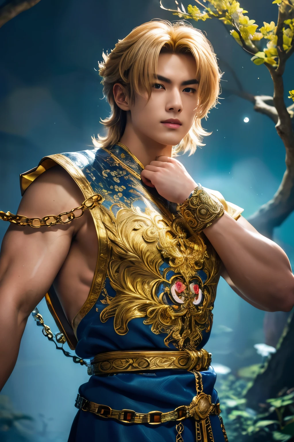 1boy, masterpiece, realistic, absurdres, best quality, high resolution, japanese boy, very handsome, perfect face, cute face, intricate detail, clear and beautiful detailed eyes, golden hair, shiny hair, blue tabard, white shirt, gold trim, holdig a chain, chains flying, slim muscular, handsome muscle, detailed skin, perfect hand, good anatomy, looking at camera, action scene, dynamic pose, fantasy, night, tree, Moonlight at night, wilderness, flowers, skynight, studio lighting, soft light, upper body portrait, front view, Professional photography, 8K UHD,