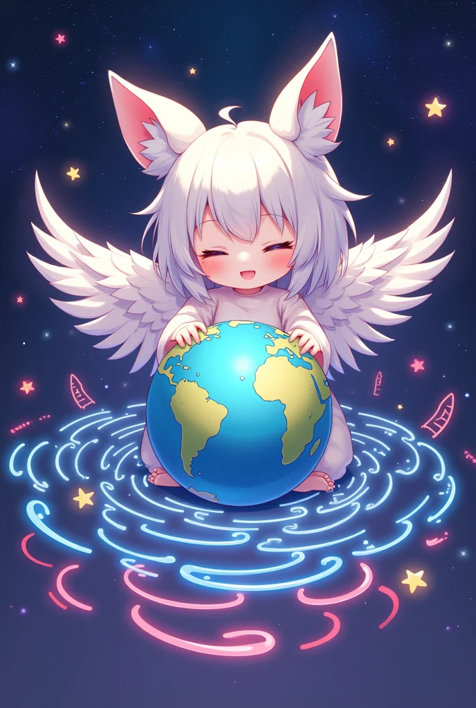 Bright lines and bright colors、Vast space background、Enveloping the earth with both hands、Cute angel、Spread your white wings,Animal ears