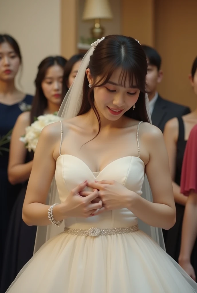 Korean girl is taking off her wedding dress in front of the guests, then her huge boobs is out of dress, and showing nipples. And she squeeze boobs together by her selves, photorealistic, pornographic film,