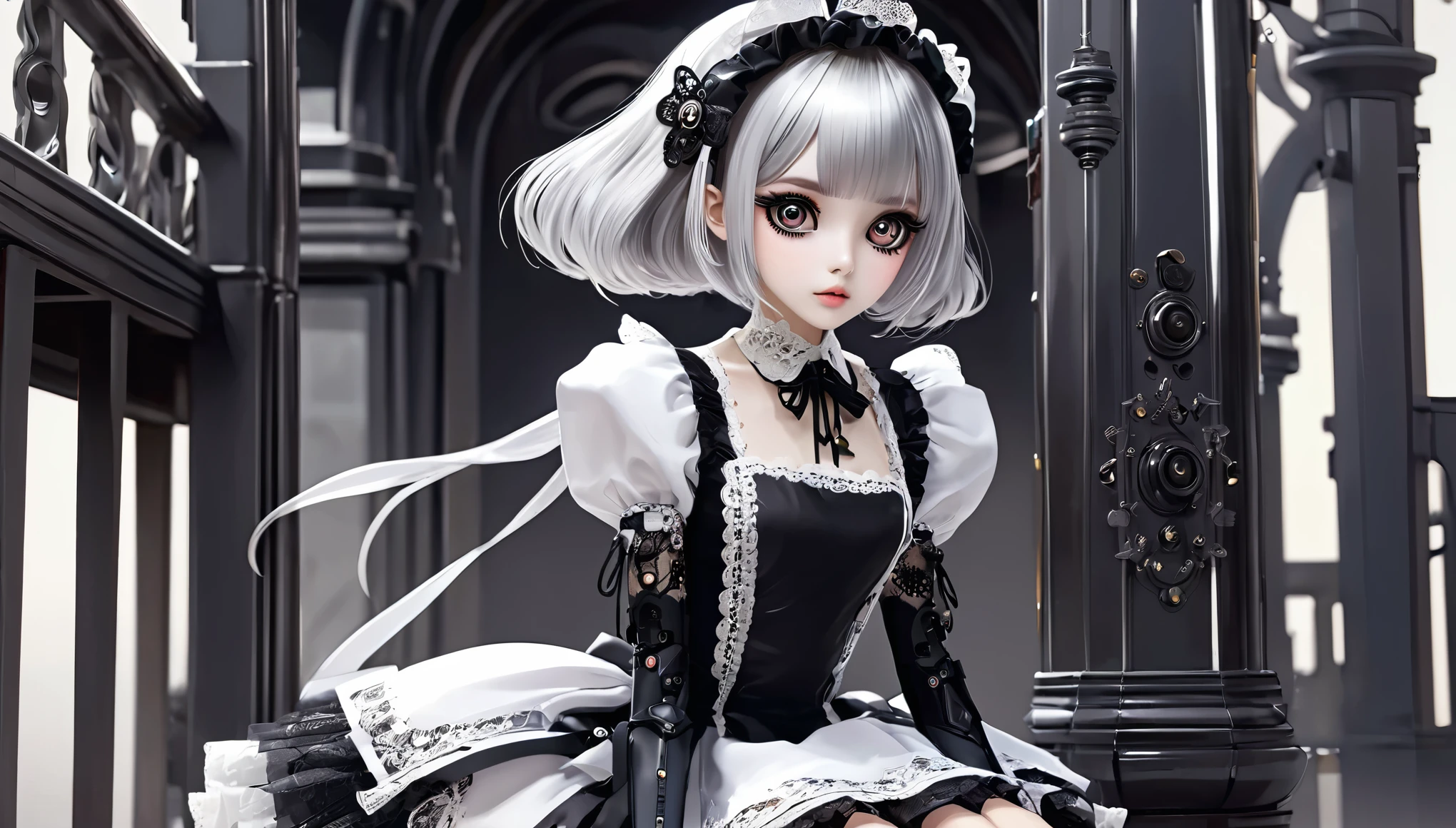 1 girl，robot，Personal，Big Eyes，Exquisite facial features，Dark eyeshadow，Weird Makeup，Lace maid outfit，Silver Hair，Narrow waist，Super long legs，shoes下，shoes， Children&#39;s Underwear, Flip-up skirt, Children&#39;s underwear is visible, Low angle, Flip up the skirt, Angle from directly below, Crotch close-up, Look under the skirt, I can see your underwear